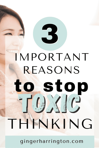Woman smiling with tea cup in hand is background for title of blog post on releasing toxic thoughts.