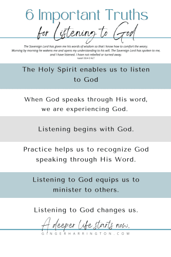 White background with blue and gray color block to highlight truths about listening to God.