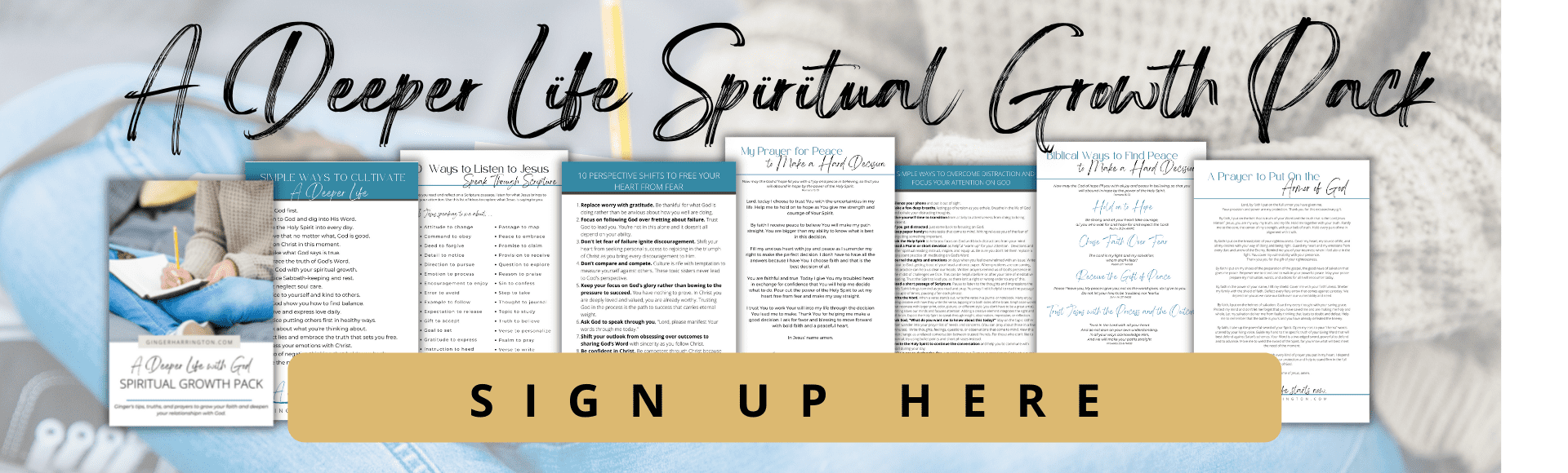 Sample pages in the Spiritual Growth Pack to listen to God are displayed over an image of hands writing in a notebook.