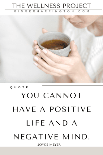 Woman drinking coffee illustrates a quote on importance of positive thinking habits.
