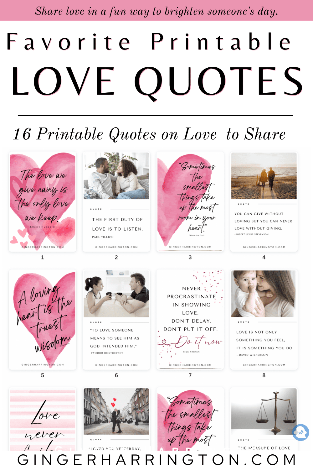 A grid of printable graphics displays a selection of quotes on love.