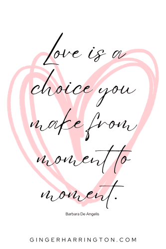 Pink hand-drawn heart is the background for short quote on love.