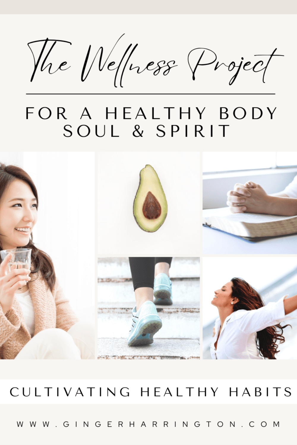 Woman drinking water, feet walking, hands in prayer demonstrate good habits for healthy living.