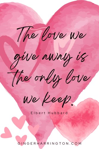 Watercolor hearts form a background for a short quote on love.