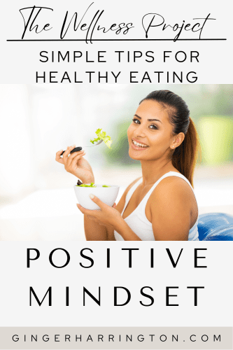 A woman eating healthy food and smiling illustrates a blog post on healthy eating