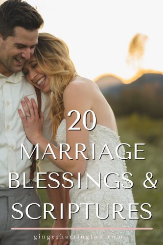 Bride and groom hug and laughing illustrates title of blog post with marriage prayers and bible verses to pray for marriage.