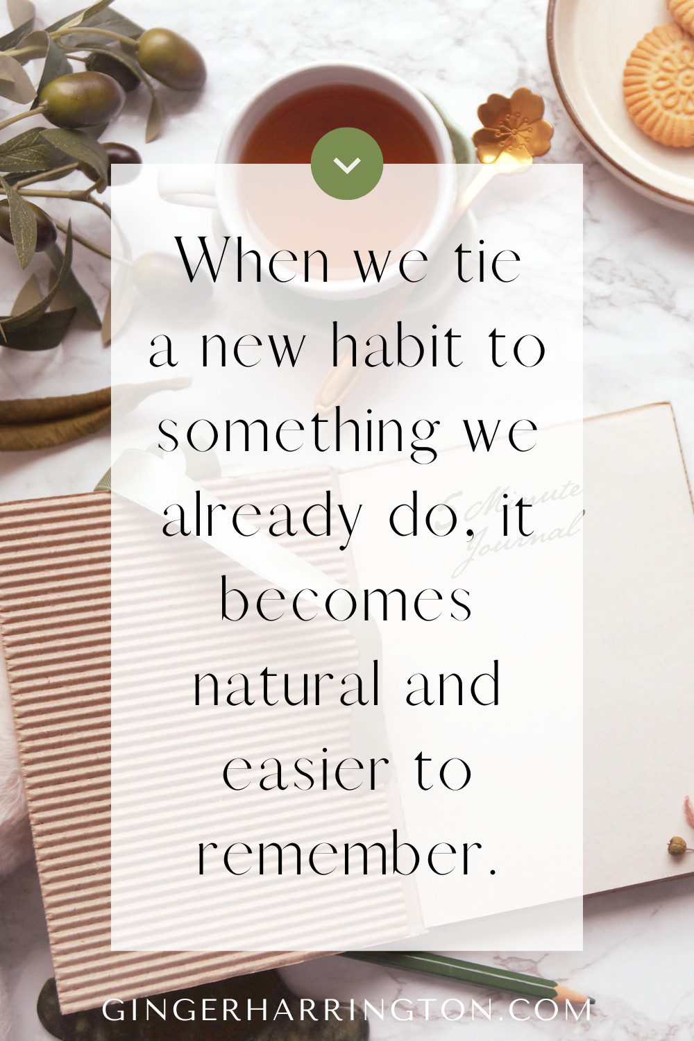 Desktop flat lay image with journal and cup of tea are background for quote 