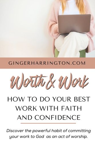 Partial view of woman in white pants working on a laptop illustrates post on committing your work to God