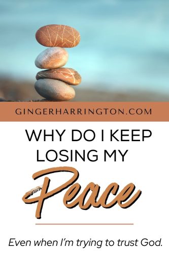 Stacked rocks on the beach with the text “Why do I keep losing my peace—even when I’m trying to trust God” — Christian encouragement for finding peace in hard seasons.