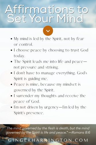 Christian affirmation graphic with Romans 8:6 on peace. List of spiritual affirmations about setting your mind on the Spirit. Background features stacked stones and a calm ocean—symbolizing peace and surrender.