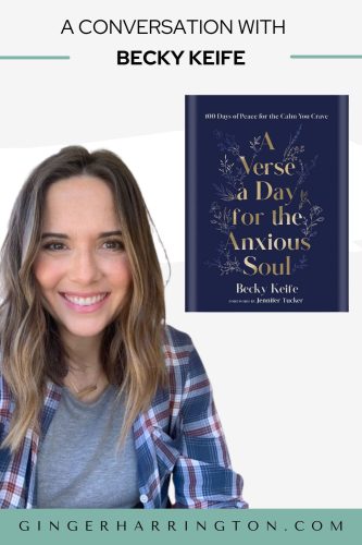 Headshot of Author Becky Keife with navy blue cover of new book, A Verse a Day for the Anxious Soul