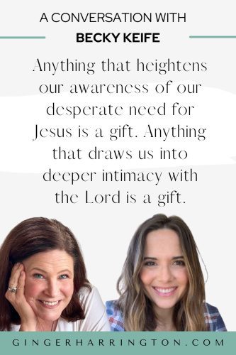 Quote graphic from the Habits of Hope Podcast featuring author Becky Keife and host Ginger Harrington, with the quote: “Anything that heightens our awareness of our desperate need for Jesus is a gift. Anything that draws us into deeper intimacy with the Lord is a gift.”