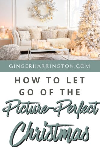 A softly lit, neutral-toned living room decorated for Christmas with a glowing tree, candles, and cozy textures, featuring the text “How to Let Go of the Picture-Perfect Christmas.”