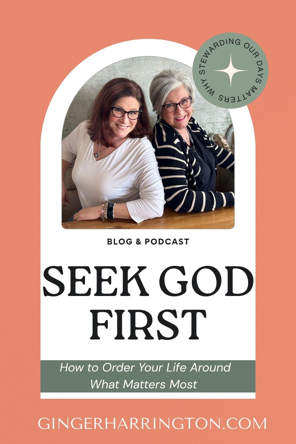 Ginger Harrington and Larissa Traquair seated together, smiling, promoting the blog and podcast episode “Seek God First: How to Order Your Life Around What Matters Most.”