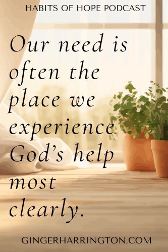 Warm, peaceful image of sunlight through a window with plants and curtains, featuring the quote “Our need is often the place we experience God’s help most clearly.”