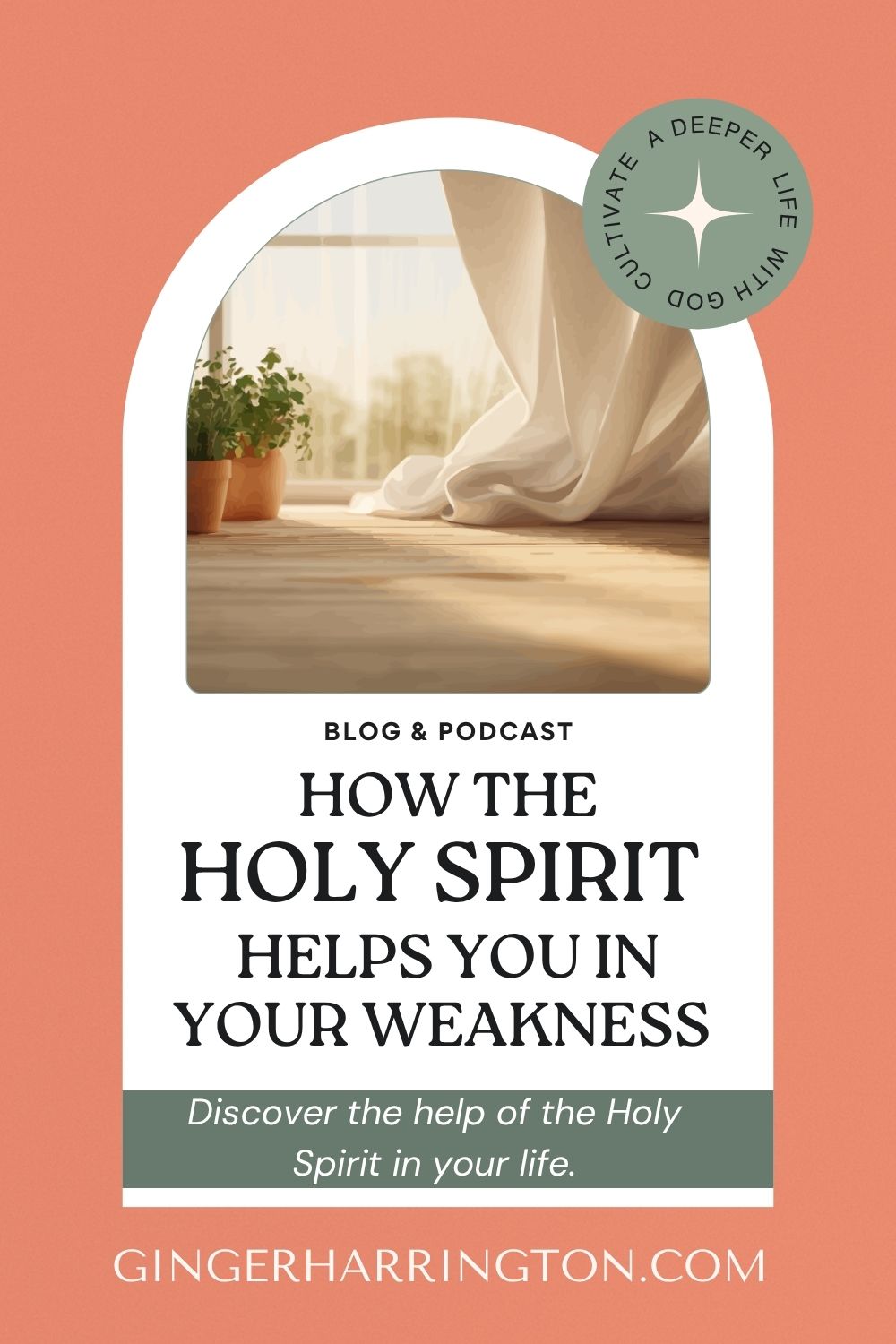 Soft, peaceful image of sunlight through a window with plants and flowing curtains, with text “How the Holy Spirit Helps You in Your Weakness” and subtitle about discovering the Holy Spirit’s help in everyday life.